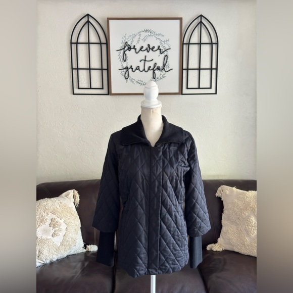 Eileen Fisher Black Quilted Puffer Jacket With A Ribbed Collar And Cuffs Size M - Picture 9 of 14